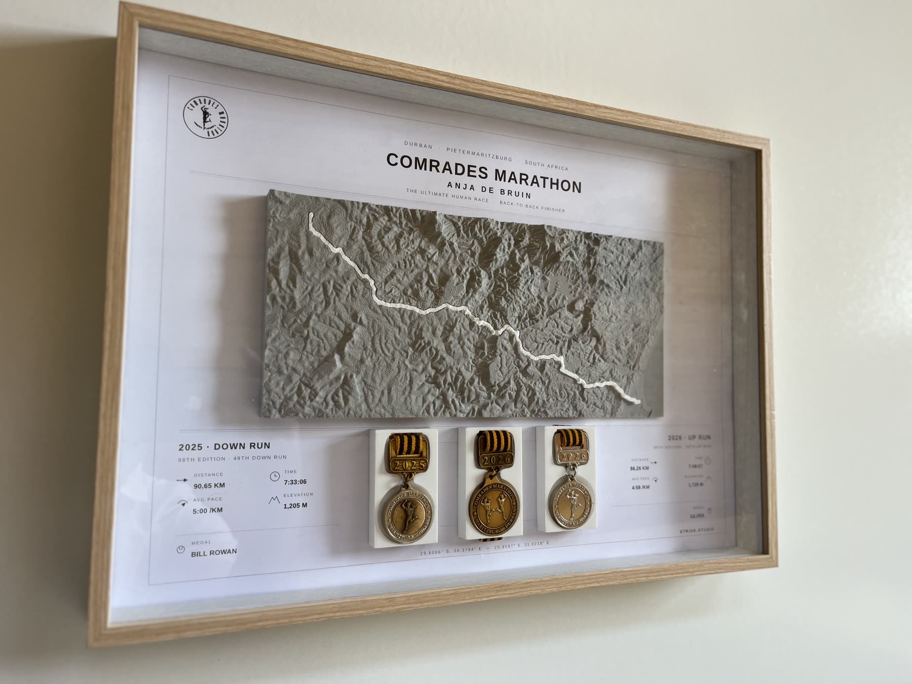 Angled view of the Comrades Marathon display showing the depth of the shadow box and raised route