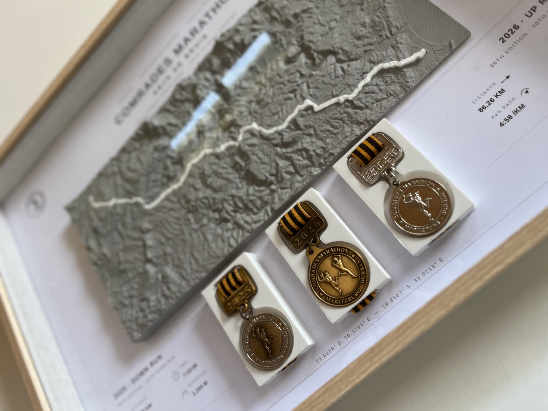 Close-up of three Comrades medals resting in removable printed cradles inside the display
